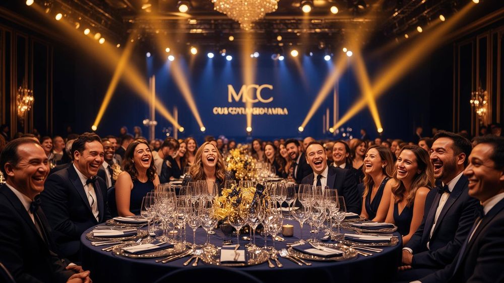 Guests in black tie playing live trivia at a 300-person corporate gala dinner in South Africa