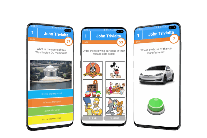 Three smartphones showing the QuizXpress player app — multiple choice answers, image-ordering mini-game and the live buzzer screen.